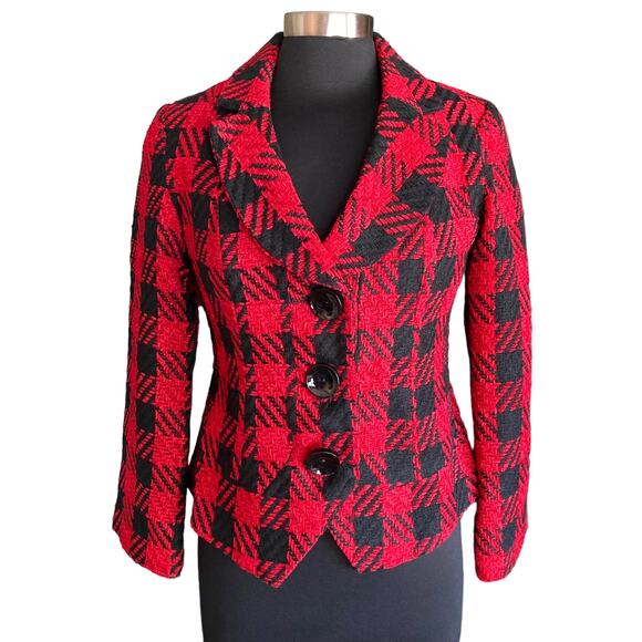 Coldwater Creek Red Black Tartan Plaid Tweed Blazer Size 6P Business Career - Picture 1 of 10